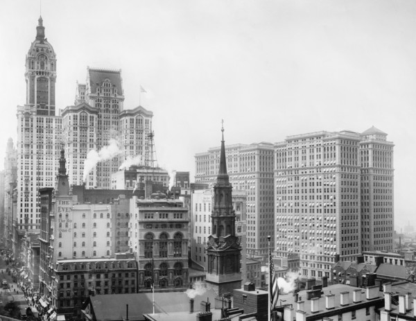 Cityscape with Singer, City Investing and Hudson Terminal Buildings, New York City, New York, USA, Detroit Publishing Company, 1908