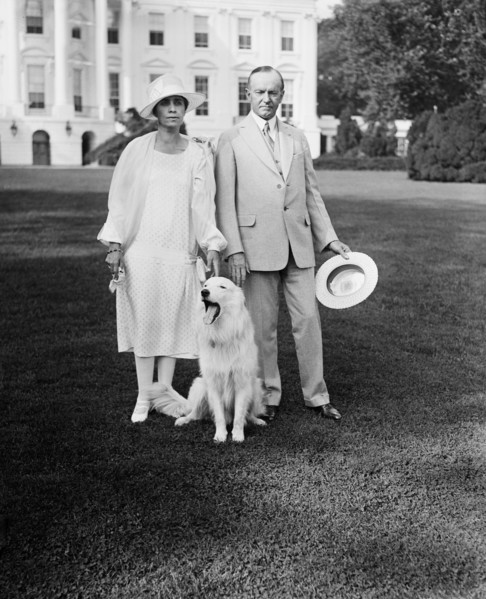 U.S. President Coolidge and Mrs. Coolidge with dog Outside White House, Washington DC, USA, Harris & Ewing, 1927