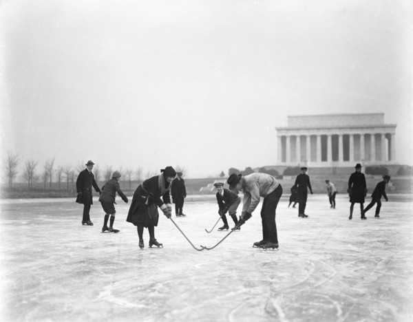 Recreational Hockey and Ice Skating with Lincoln Memorial in Background, Washington DC, USA, Harris & Ewing, January 1922