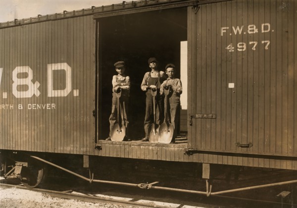 Portrait of Three Boys that Shovel Zinc Ore from Car Into Wagon, Near Big Bonanza Mine, Aurora, Missouri, USA, Lewis Hine, 1910