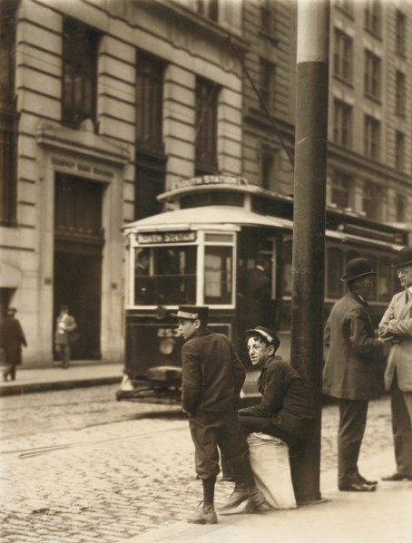 Two Messenger Boys Waiting on Street, Boston, Massachusetts, USA, Lewis Hine, 1910
