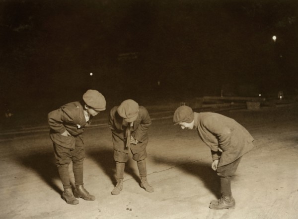 Three Young Boys Playing Crap Game near Post Office at Midnight, Providence, Rhode Island, USA, Lewis Hine, 1912
