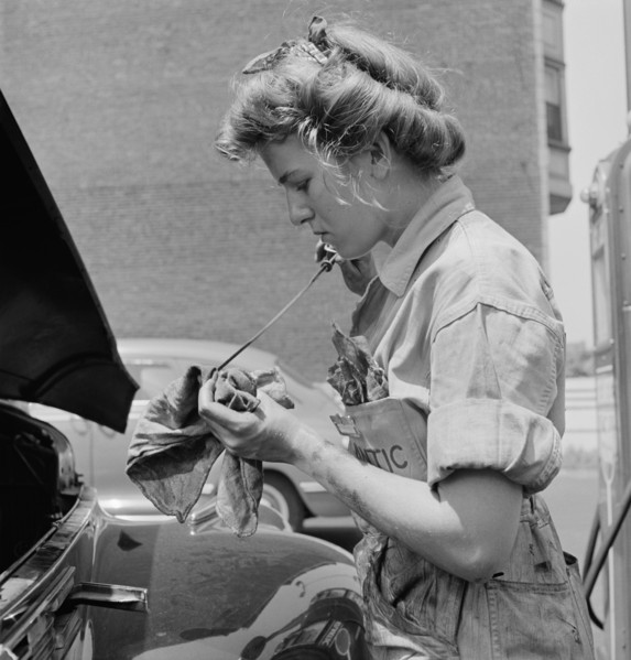 Miss Natalie O'Donald, a Garage Attendant at the Atlantic Refining Company Garages, Close-Up, Philadelphia, Pennsylvania, USA, Jack Delano for Office of War Information, June 1943