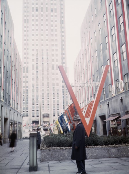United Nations Exhibit by Office of War Information (OWI), Rockefeller Plaza, View of Entrance from Fifth Avenue, New York City, New York, USA, Marjorie Collins for Office of War Information, March 19...