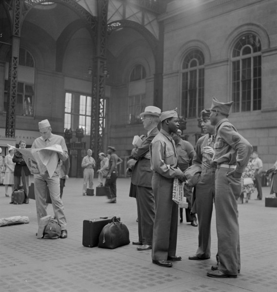 Soldiers Waiting for Train, Pennsylvania Station, New York City, New York, USA, Marjorie Collins for Office of War Information, August 1942