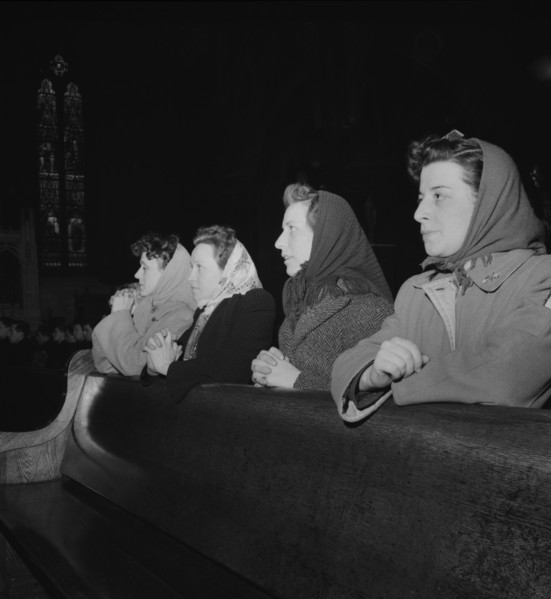 Women Factory Workers Attending Mass at 9am Sunday Directly after Working Third Shift, Buffalo, New York, USA, Marjorie Collins for Office of War Information, April 1943