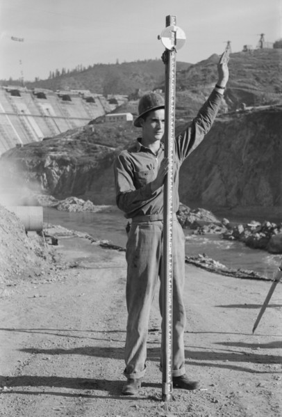 Rod Man with Surveying Crew, Shasta Dam, Shasta County, California, USA, Russell Lee, December 1941