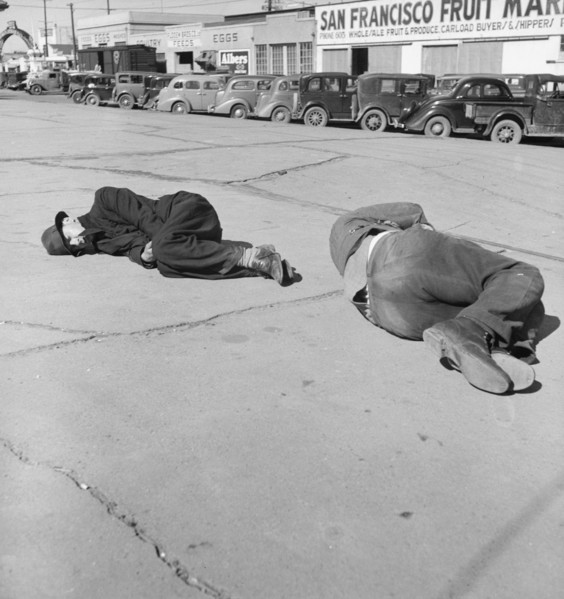 Two Men Sleeping on Sidewalk of "Skid Row", Howard Street, San Francisco, California, USA, Dorothea Lange for Farm Security Administration, February 1937