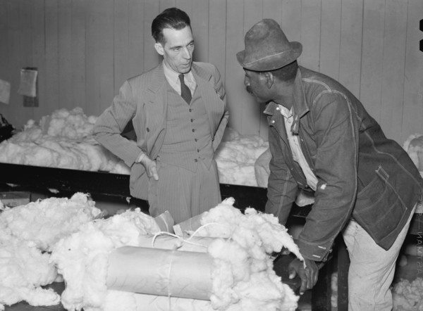 Farmer with his Cotton Samples Discussing Prices with Cotton Buyer, Clarksdale, Mississippi, USA, Marion Post Wolcott for Farm Security Administration, November 1939