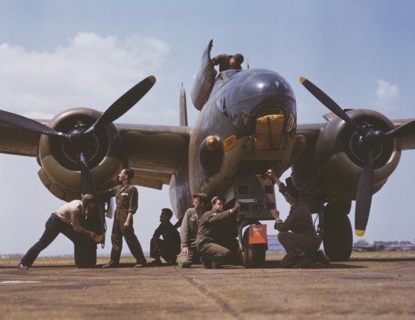 Mechanics Servicing A-20 Bomber, Langley Field, Virginia, USA, Alfred T. Palmer for Office of War Information, July 1942