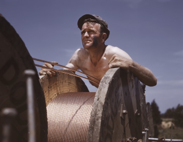Construction Worker Performing Important War Service by Helping to Build Electric Power Line from Hydroelectric Plant in Louisville to Fort Knox to Supplement Existing Power Supply, Kentucky, USA, Alf...
