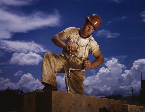 Carpenter Working on TVA's Douglas Dam, French Broad River, Sevier County, Tennessee, USA, Alfred T. Palmer for Office of War Information, June 1942