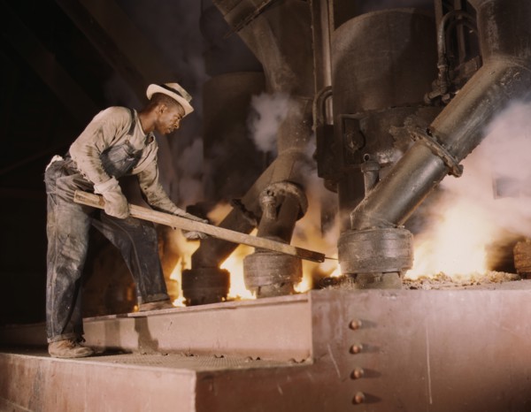 Man Working at Electric Phosphate Smelting Furnace in TVA Chemical Plant, near Muscle Shoals, Alabama, USA, Alfred T. Palmer for Office of War Information, November 1942