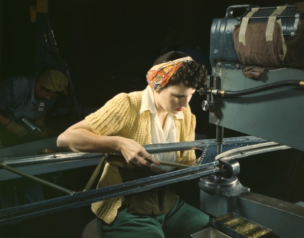 Female Riveting Machine Operator of B-17F Bomber, Douglas Aircraft Company, Long Beach, California, USA, Alfred T. Palmer for Office of War Information, October 1942