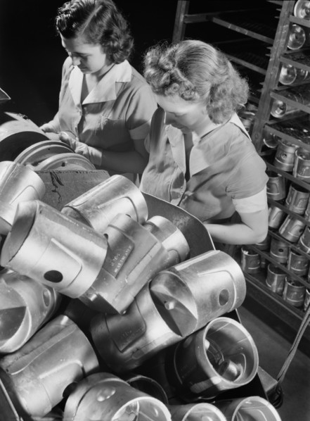 Two Female Workers Inspecting Heat-Treated Pistons prior to Brinnell hardness Testing at Aluminum Factory Converted to War Production, Aluminum Industries, Inc., Cincinnati, Ohio, USA, Alfred T. Palme...