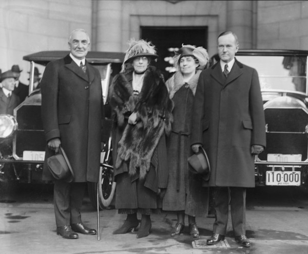 President-Elect Warren G. Harding, wife Florence Harding, Grace Coolidge, Vice President-Elect Calvin Coolidge, Portrait Arriving for Inauguration, Washington DC, USA, National Photo Company, March 3,...