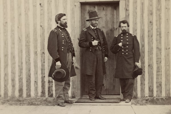 General John A. Rawlins, left, General Ulysses S. Grant, center, and Unidentified Officer, Portrait, 1861