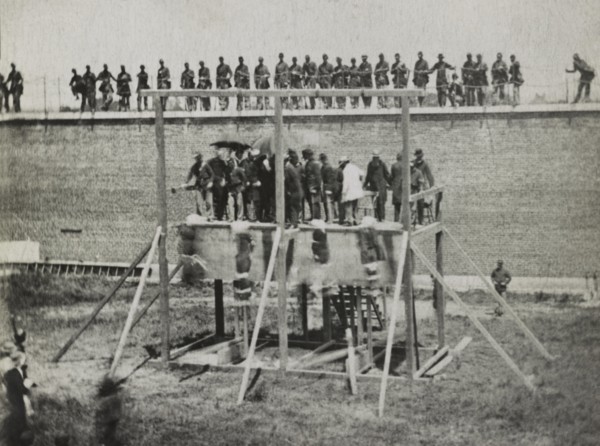 Hanging of Conspirators of Assassination of U.S. President, Abraham Lincoln, Arsenal Prison, Washington, DC, USA, by Alexander Gardner, July 7, 1865