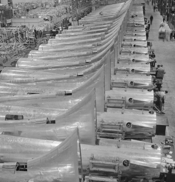 Row of Tail Sections of B-17F Bomber Ready for Assembly at Boeing Plant, Seattle, Washington, USA, Andreas Feininger for Office of War Information, December 1942
