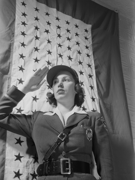 Female Guard Saluting Before Company Service Flag during World War II, Bendix Aviation Plant, Brooklyn, New York, USA, Ann Rosener for Office of War Information, March 1943