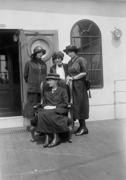 Physicist Marie Curie (seated) with her daughters Irene and Eve, and Mrs. William B. Maloney (center), on RMS OIympic, Arriving in New York City, New York, USA, to Raise Funds for Radium Research, Bai...