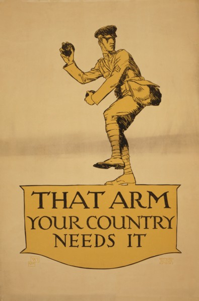 Soldier Pitching Baseball, "That Arm, Your Country Needs it", World War I Recruitment Poster, by Vojtech Preissig, USA, 1917