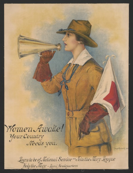 Woman in Uniform Holding Megaphone and Flag, "Women Awake! Your Country Needs You, Learn to be of National Service - Join the Navy League", World War I Recruitment Poster, by Hazel Roberts, 1916