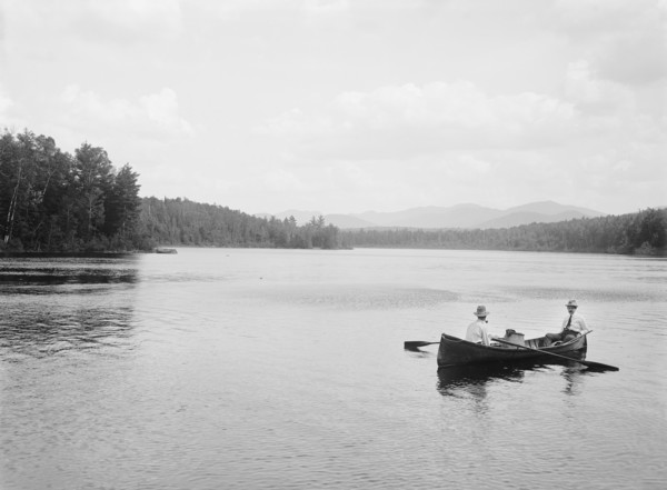 Two Men in Canoe on Lake, Adirondack Mountains, New York, USA, William Henry Jackson for Detroit Publishing Company, 1902