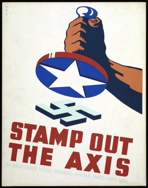 Fist Holding Stamp with American Star Ready to Stamp out Nazi Swastika, "Stamp out the Axis", World War II Poster, by Phil von Phul, USA, 1941