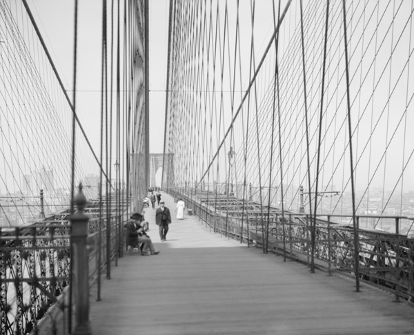 Pedestrians Walking Across Brooklyn Bridge, New York City, New York, USA, Detroit Publishing Company, 1905