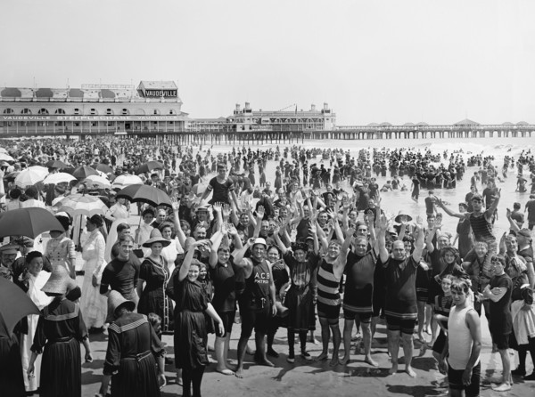 Crowd with Hands up on Beach, Atlantic City, New Jersey, USA, Detroit Publishing Company, 1910