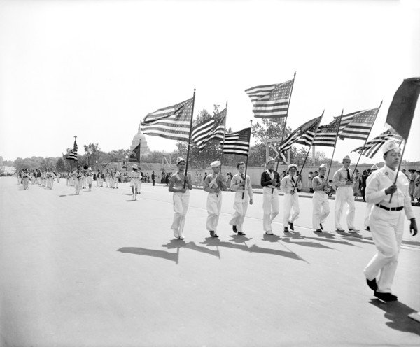Schoolboy Patrols Marching with American Flags during Annual Safety Parade, Constitution Avenue, Washington DC, USA, Harris & Ewing, May 1938