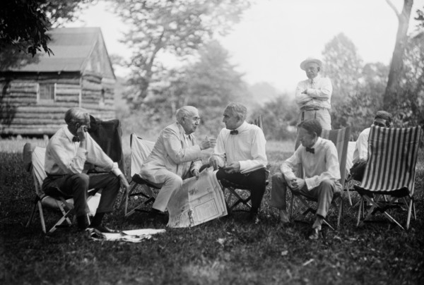 Henry Ford, Thomas Edison, U.S. President Warren Harding and Harvey Firestone, Portrait while Sitting at Campsite, Maryland, USA, Harris & Ewing, 1921