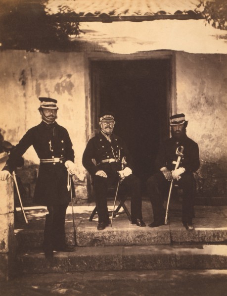 British Brigadier General Henry Frederick Lockyer (seated center, 97th Regiment of Foot, and Two Staff Members, Full-Length Portrait Wearing Uniforms in front of Building, Crimean War, Crimea, Ukraine...