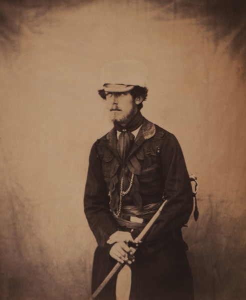 British Captain Henry William Verschoyle, Grenadier Guards, Three-Quarter Length Portrait Wearing Uniform and Holding Sword, Crimean War, Crimea, Ukraine, by Roger Fenton, 1855