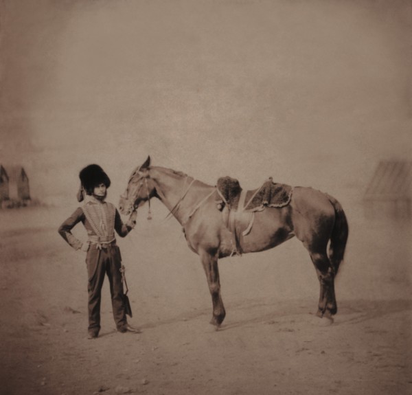 British Lieutenant Shadwell Morley Grylls, Portrait in Uniform Standing Next to Horse, Crimean War, Crimea, Ukraine, by Roger Fenton, 1855