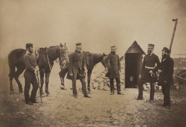British Lieutenant-General Sir Robert Garrett and Officers of the 46th Regiment of South Devonshire, Portrait Standing near Horses, Crimean War, Crimea, Ukraine, by Roger Fenton, 1855