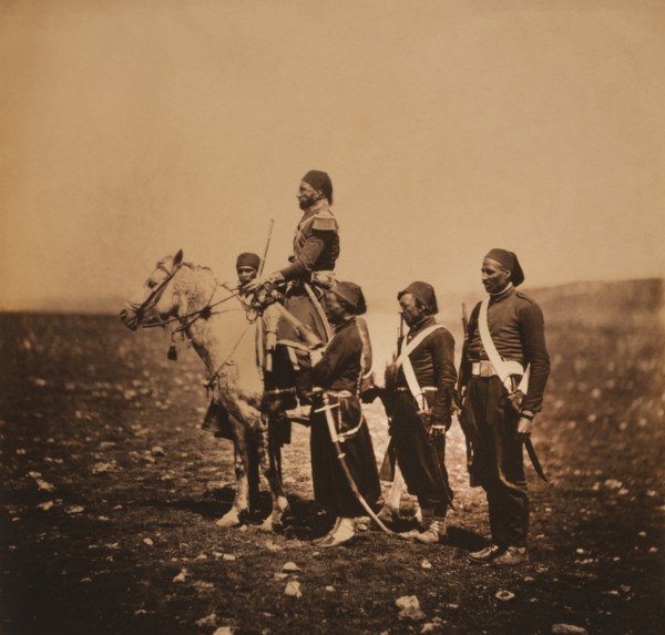 Hungarian General Gyorgy Kmety, (aka Ismail Pasha), Full-Length Portrait Seated on Horse, with Four Attendants, Crimean War, Crimea, Ukraine, by Roger Fenton, 1855