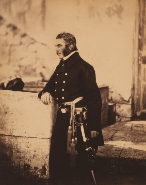 British Major General James Bucknall Estcourt, Three-Quarter Length Portrait, Leaning Against Wall, Crimean War, Crimea, Ukraine, by Roger Fenton, 1855