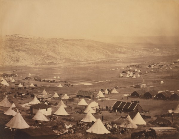 View of British Military Camp with Tents, Buildings, Soldiers and Horses, Crimean War, Crimea, Ukraine, by Roger Fenton, 1855