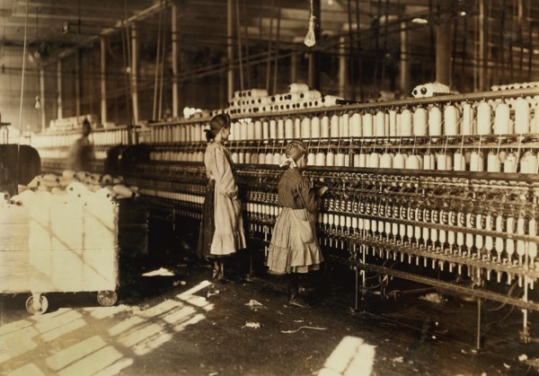 Two Young Spinners, Full-Length Portrait in Spinning Room at Cotton Mill, Newberry, South Carolina, USA, Lewis Hine for National Child Labor Committee, December 1908