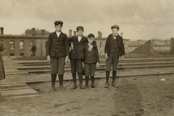 Four Young Boys Employed at Great Falls Manufacturing Company, Full-Length Portrait, Somersworth, New Hampshire, USA, Lewis Hine for National Child Labor Committee, May 1909