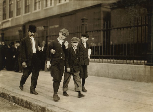 Three Young Boys Heading to the Ayer Textile Mill, 6:30 to 7:00 a.m., Lawrence, Massachusetts, USA, Lewis Hine for National Child Labor Committee, September 1911