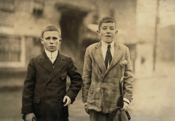 Michael Keefe, Cornelius Hurley, 13 or 14 years old, Young Mill Workers in No. 1 Mill Room, Merrimac Mill, Lowell, Massachusetts, USA, Lewis Hine for National Child Labor Committee, October 1911