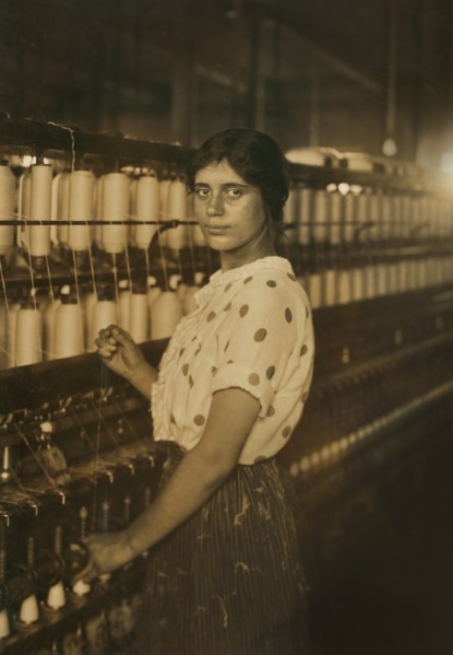 Young Spinner in Textile Mill, Fall River, Massachusetts, USA, Lewis Hine for National Child Labor Committee, June 1916