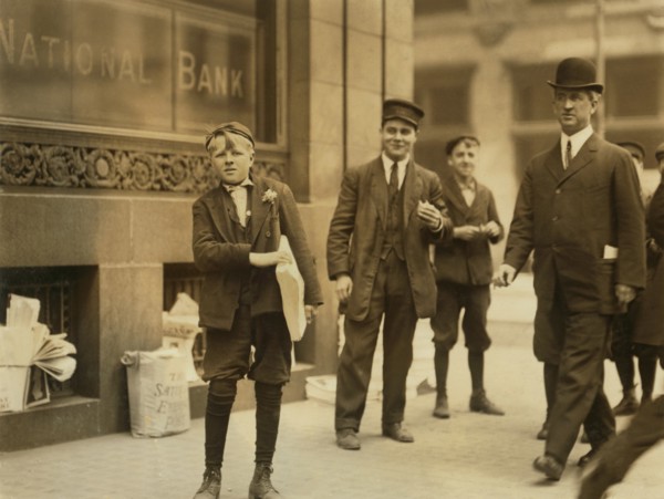 Truant Newsboy, Broadway and Locust Street, St. Louis, Missouri, USA, Lewis Hine for National Child Labor Committee, May 1910