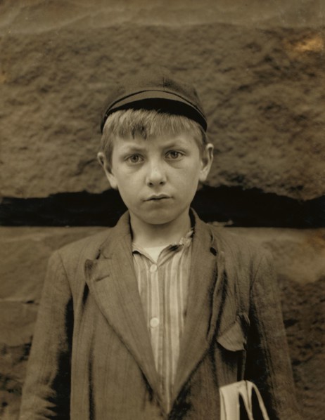 Louis Birch, 12-year-old Newsboy, Works 9 hours per day, Half-length Portrait, Wilmington, Delaware, USA, Lewis Hine for National Child Labor Committee, May 1910