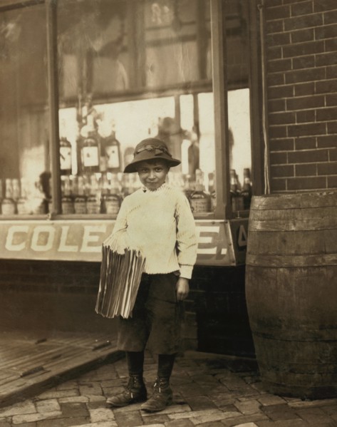 James Morgan, 9-year-old Newsboy, Selling Newspapers for 4 years, Works 6 hours per Day, Visits Saloons, Full-Length Portrait, Wilmington, Delaware, USA, Lewis Hine for National Child Labor Committee,...