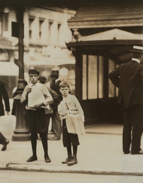 Two Young Newsboys, Full-Length Portrait near Subway Entrance, New York City, New York, USA, Lewis Hine for National Child Labor Committee, July 1910