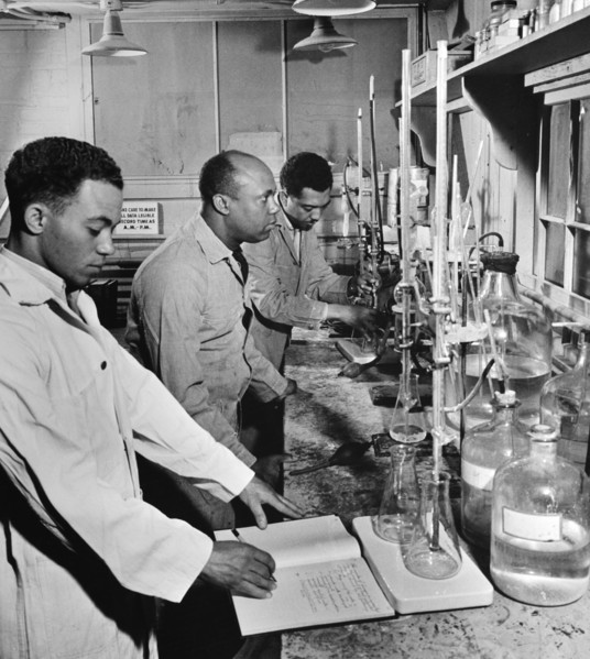 Paul L. Imes, Samuel C. Watkins, and George W. Richardson, Laboratory Technicians, Tennessee Valley Authority, Muscle Shoals, Alabama, USA, Alfred T. Palmer for Office of War Information, June 1942